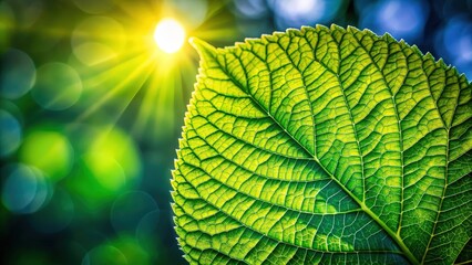 Fototapete - A Vibrant Green Leaf Basking in the Warm Glow of the Sun, Its Intricate Veins Capturing the Essence of Nature's Beauty
