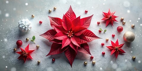 Poster - A festive winter arrangement featuring a red poinsettia, red and gold ornaments, and white snowflakes on a light gray background.