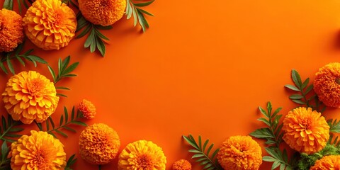 Aufkleber - A border of vibrant orange marigold flowers with green leaves on a bright orange background