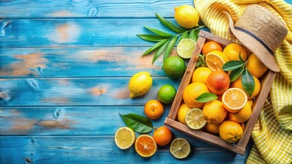 Poster - A wooden crate filled with a variety of citrus fruits, including lemons, limes, oranges, and mandarins, sits on a blue wooden background with a straw hat and a yellow and white striped cloth