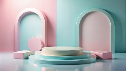 Poster - Minimalist Abstract Pastel Background with Circular Platform for Product Display and Geometric Archways