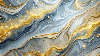 Poster - Abstract Fluid Art with Golden Glitter and Swirling Gray Lines