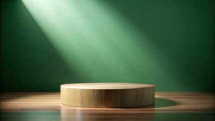 Poster - A wooden platform stands in a room with a green wall and a beam of light shining down on it.