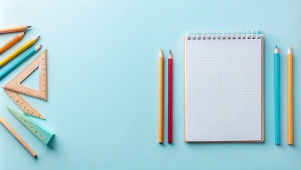Poster - Blank notebook and colorful pencils and rulers on a blue background, perfect for your back to school design or project