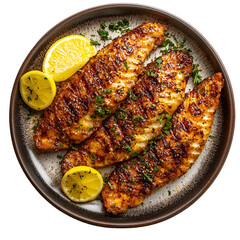 Wall Mural - Grilled Fish Fillets Lemon Parsley Plate Food