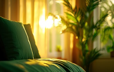 Poster - A serene bedroom scene with soft, green pillows, warm sunlight streaming through sheer curtains, and a lush plant in the background.