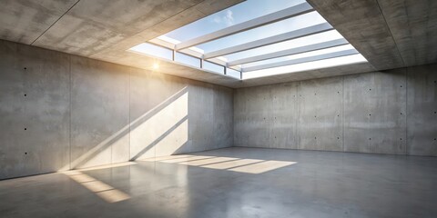 Poster - Sunlight streaming through a skylight illuminates an empty, concrete room with a clean, polished floor.