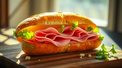 Wall Mural - Delicious Ham and Lettuce Sandwich on a Crusty Roll, Perfect for Lunch