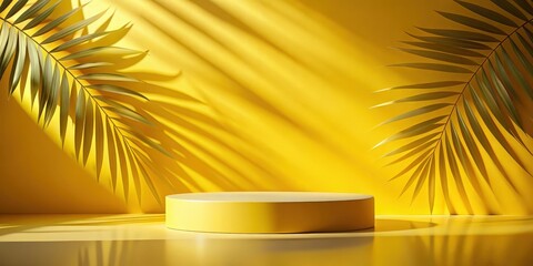Aufkleber - A Minimalist Yellow Platform With Palm Fronds Casting Shadows On A Sunny Day