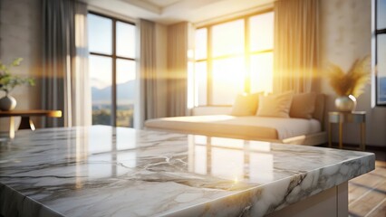 Poster - Sunlight reflecting on a sleek marble countertop in a modern living room with a blurred background of a couch and window