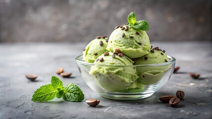 Poster - A refreshing bowl of green mint ice cream with chocolate chips and a sprig of mint on top.