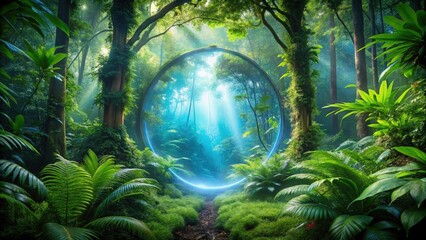 Poster - A mystical portal in a lush green forest, with sunlight streaming through the canopy, revealing a hidden pathway beyond