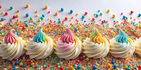Poster - A colorful swirl of frosting sits atop each fluffy cupcake, surrounded by a sea of vibrant sprinkles, promising a delightful sweet treat.