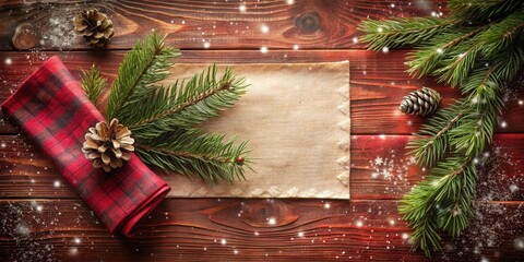 Poster - Rustic Winter Table Setting with Pine Branches, Pine Cones, Red Plaid Napkin, and Blank Paper for Holiday Greetings