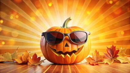 Poster - A grinning jack-o-lantern with sunglasses perched on a wooden surface surrounded by autumn leaves against a glowing background.