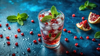 Poster - Refreshing Pomegranate and Mint Drink with Ice Cubes on a Blue Background
