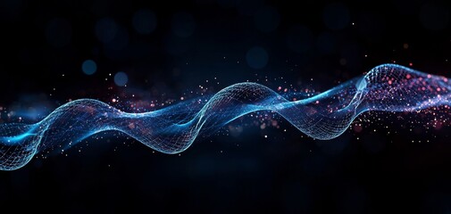 Fototapete - A vibrant wave of blue light and particles flows through a dark backdrop, creating a dynamic and mesmerizing visual effect.