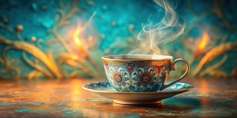 Poster - A steaming cup of tea with intricate floral patterns against a background of soft light and golden swirls.