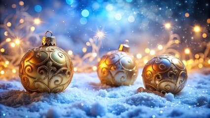 Poster - Sparkling Christmas Baubles Adorned with Delicate Golden Patterns Resting in a Bed of Fresh Snow with a Magical Blue and White Background