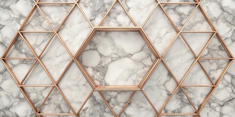Poster - A geometric pattern of gold frames on a white marble background, creating a modern and elegant design.