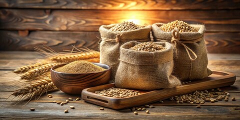 Poster - A rustic wooden table with burlap bags filled with grain, a bowl of flour, and scattered grains around.
