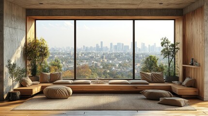 Poster - A serene living space with a panoramic city view and natural elements.