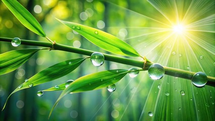 Aufkleber - Sunlight Illuminates Dew-Covered Bamboo Leaves in a Vibrant Green Forest