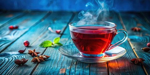 Poster - A steaming cup of red tea on a rustic wooden table with star anise, leaves, and red berries scattered around
