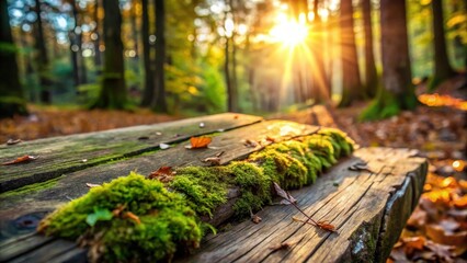 Aufkleber - A close-up view of moss-covered wooden planks with fallen leaves in the foreground, blurred trees in the background and the sun shining through the branches.