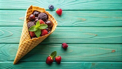 Poster - A waffle cone filled with sweet cherries, blackberries, raspberries, and chocolate sauce, adorned with fresh mint leaves, rests on a vibrant turquoise wooden surface.