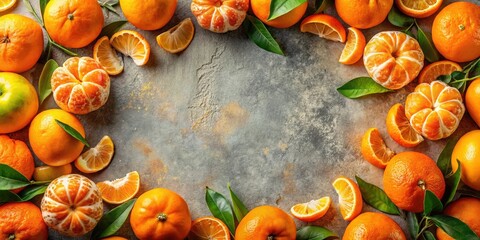 Poster - A Frame of Fresh Citrus Fruit with Greenery on a Textured Surface