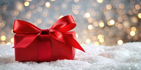 Poster - A Red Gift Box With a Large Bow Resting on White Snow With a Defocused Background of Golden Lights