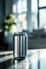 Poster - Metallic can reflecting sunlight in a modern interior near green plants and large windows