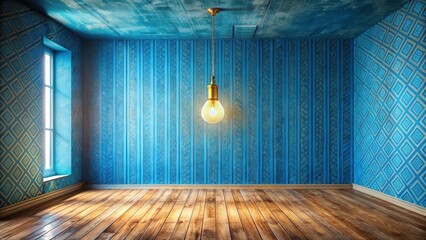Aufkleber - An empty room with wooden floor and blue walls patterned with golden geometric designs and a single hanging light bulb in the center