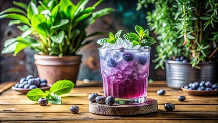 Poster - A refreshing blueberry beverage with ice and fresh mint leaves in a glass on a rustic wooden table, surrounded by blueberries and potted plants