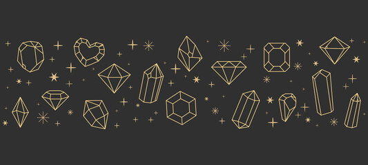 Wall Mural - magic crystal sacred geometry polyhedron celestial esoteric seamless border with gold line gemstone 