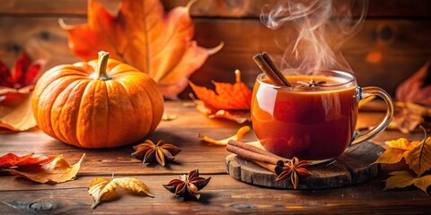 Poster - A steaming mug of spiced beverage surrounded by fall leaves and a pumpkin, a cozy autumn scene.