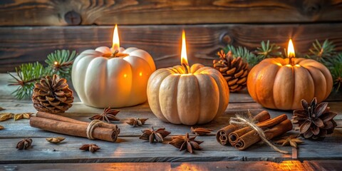 Poster - A Rustic Table Setting with Lit Pumpkin Candles, Cinnamon Sticks, Pine Cones and Star Anise