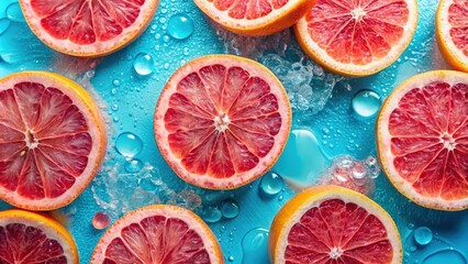 Poster - A refreshing arrangement of citrus fruit slices, submerged in a pool of vibrant blue liquid, creating a tantalizing visual treat.