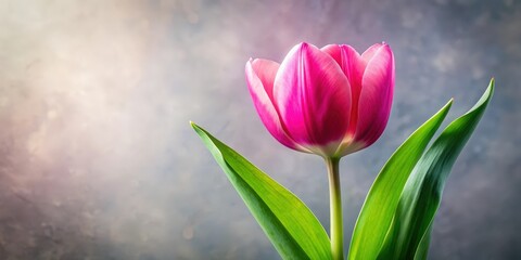 Aufkleber - A single pink tulip with delicate petals and vibrant green leaves against a soft, blurred background.