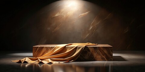 Poster - A single spotlight illuminates a rectangular stone platform draped with a luxurious golden fabric, creating a dramatic and elegant presentation space