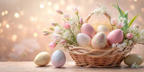 Aufkleber - A delicate basket overflowing with pastel-colored eggs and spring blooms, nestled amongst soft, glowing lights.