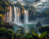 Breathtaking view of Mok Fah waterfall surrounded by tropical plants and rugged terrain, with mist rising from the cascading waters.