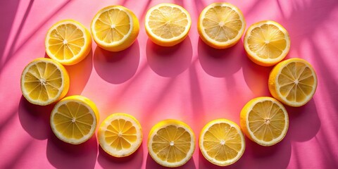 Poster - A citrus arrangement with yellow lemons cut in half on a bright pink background with shadows