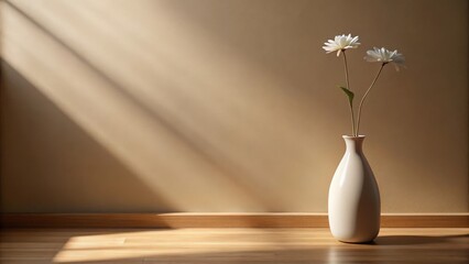 Poster - Sunlight streams through a window, casting long shadows on the floor and wall, illuminating a simple white vase with two delicate white flowers.