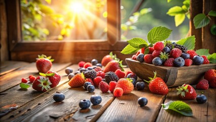 Poster - A wooden bowl overflowing with fresh summer berries, scattered on a rustic table bathed in golden sunlight.