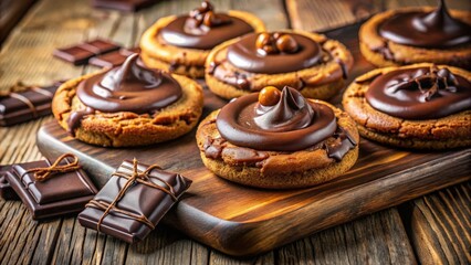 Poster - Gourmet Chocolate Cookies with a Rich, Dark Chocolate Glaze and Caramel Center on a Rustic Wooden Cutting Board