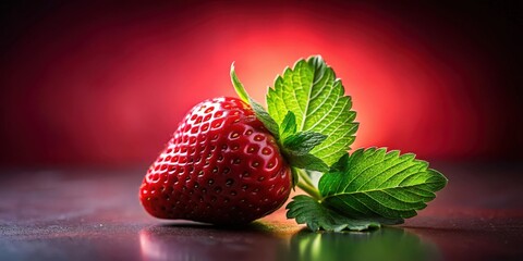 Poster - A single ripe strawberry with green leaves against a red background, showcasing the juicy texture and vibrant color of the fruit.