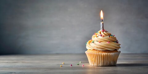 Poster - A single cupcake with a lit candle, a symbol of celebration and happiness, sits on a wooden surface, surrounded by scattered sprinkles, representing joy and festivity.