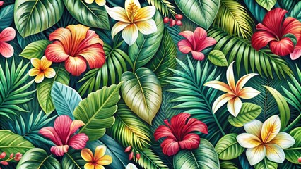 Poster - A vibrant tropical tapestry of lush green foliage, vibrant red hibiscus blooms, delicate white and yellow flowers, and intricate leaf patterns.